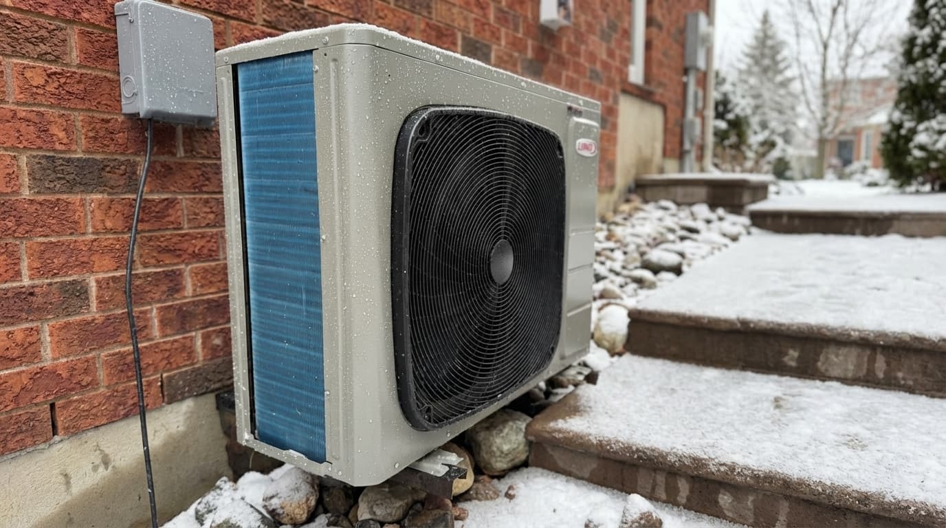 Outdoor heat pump unit in snowy winter setting against brick wall.