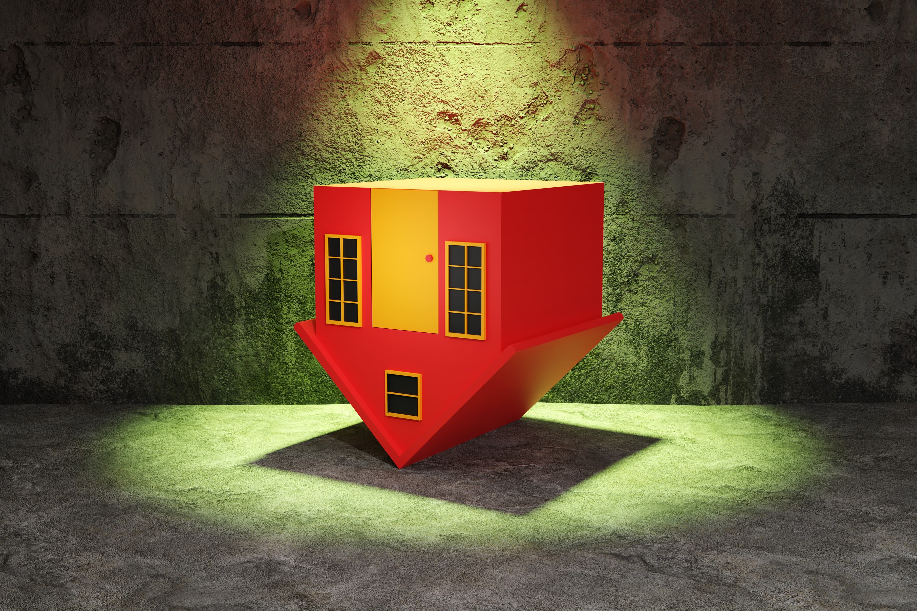 Arrow-shaped house model in red with yellow lighting and green background.
