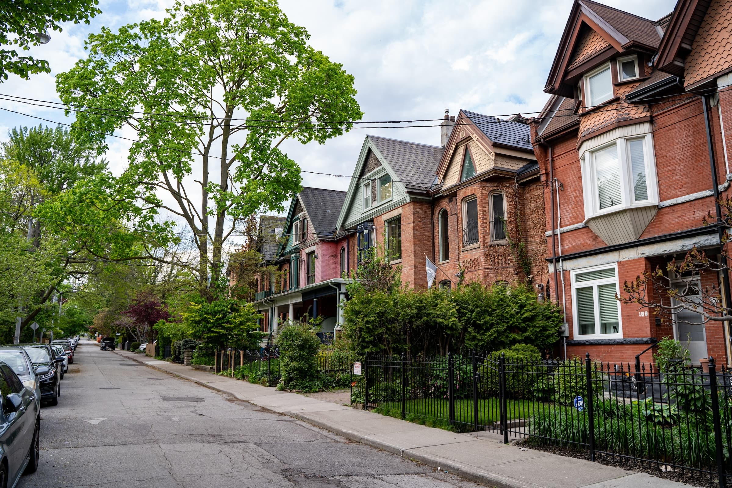 Victorian homes on a peaceful street with lush greenery and parked cars.