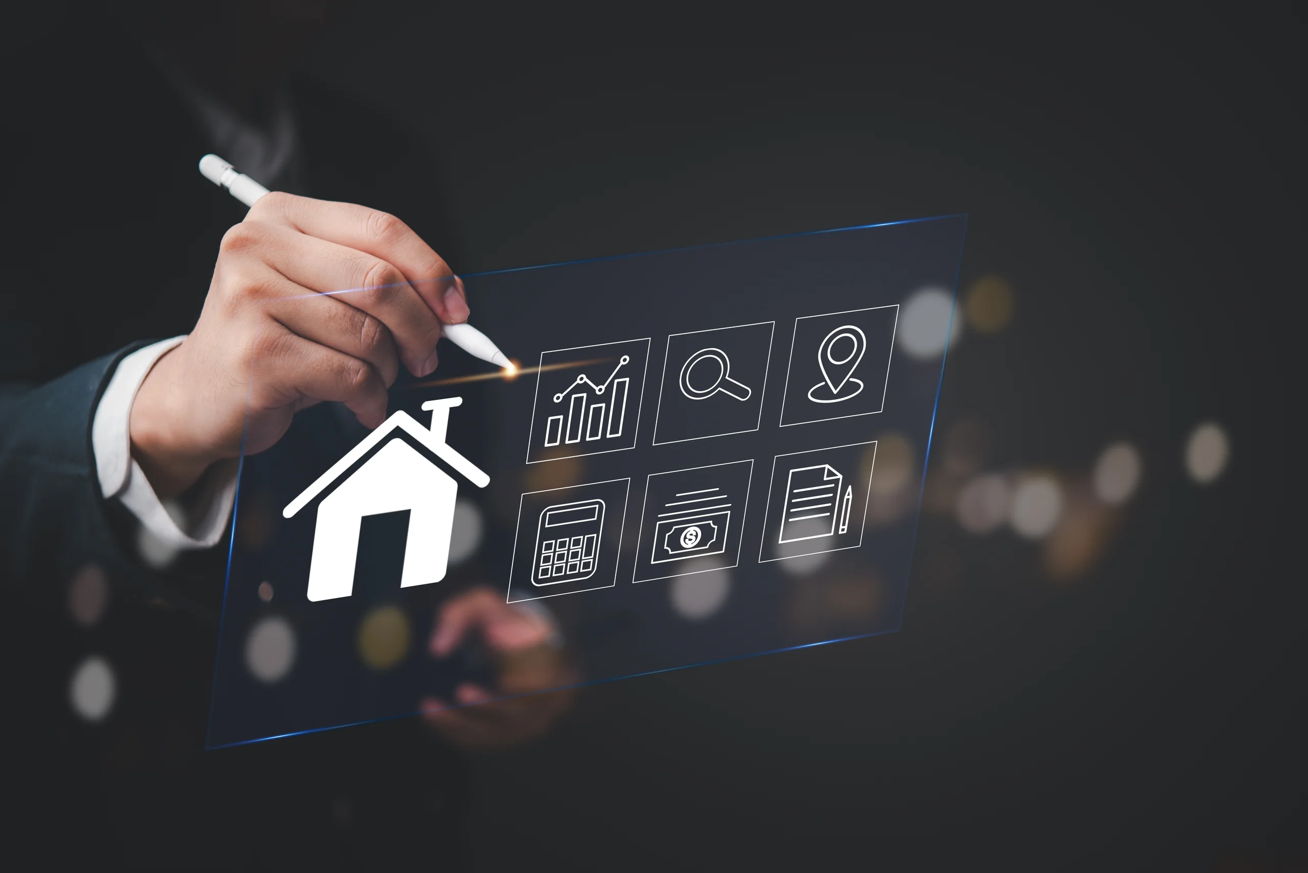 Business professional using a digital interface with mortgage icons.