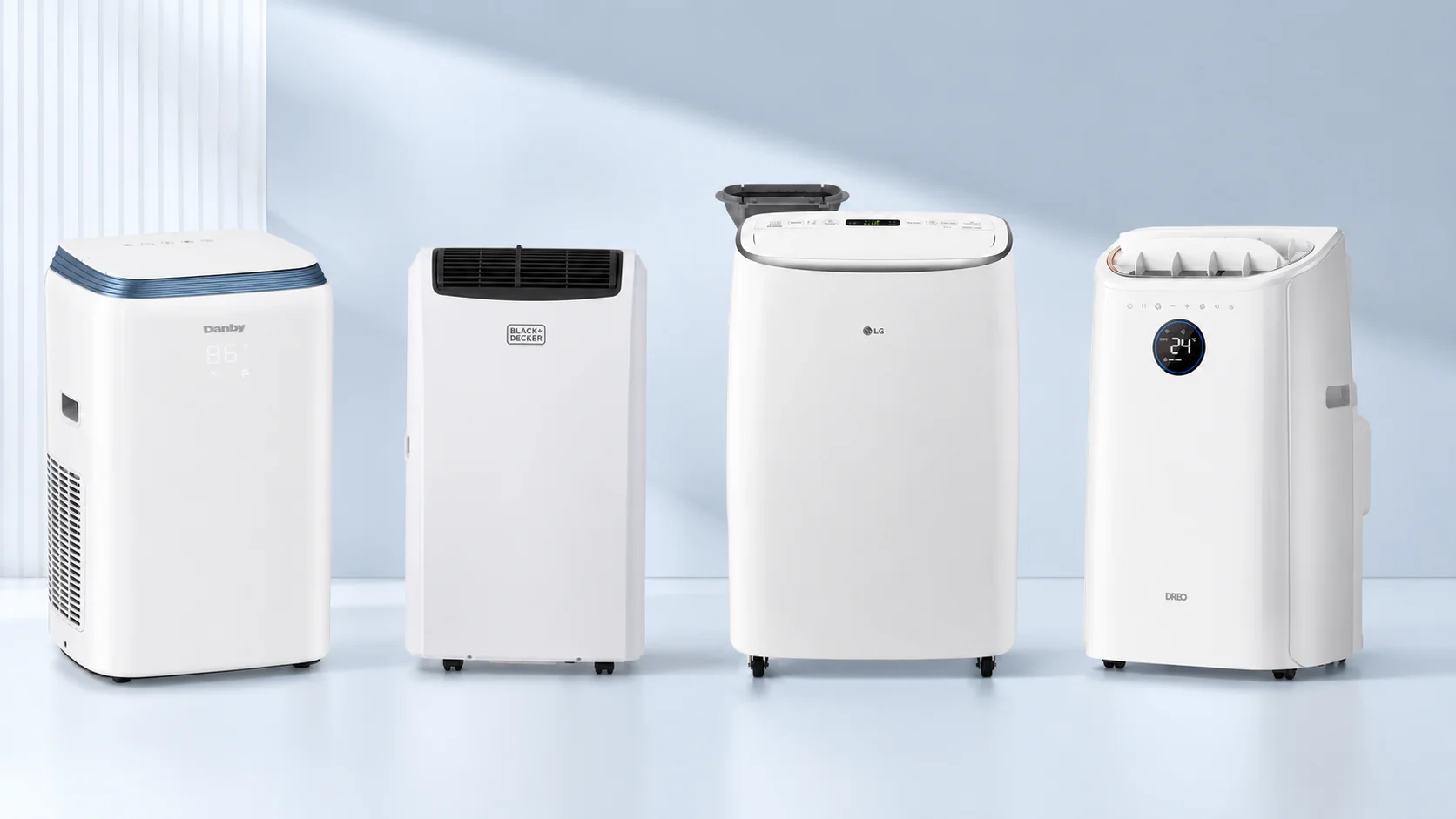 Four portable air conditioners against a light blue background.