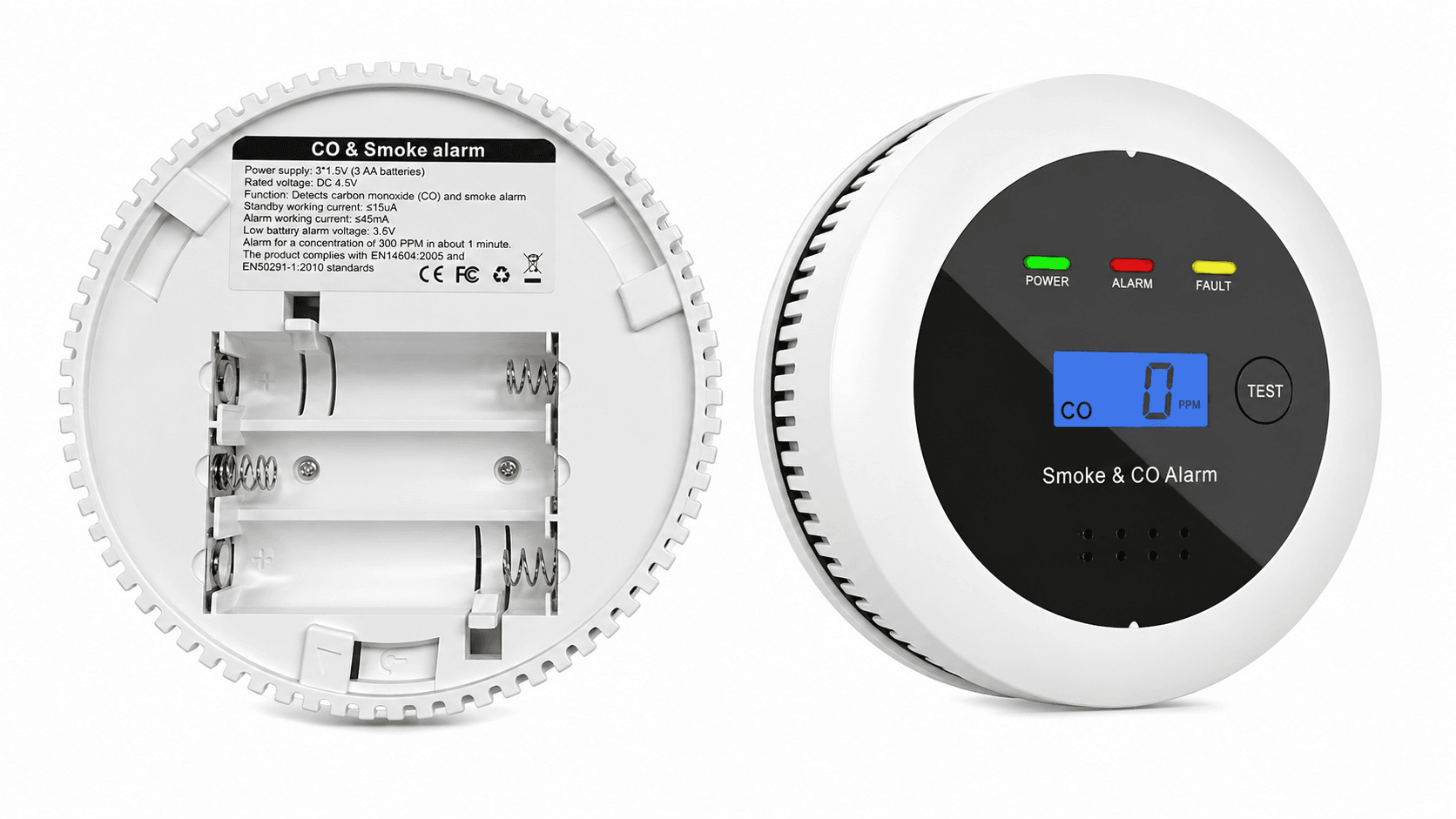 Smoke and carbon monoxide alarm with LED display and open battery compartment.