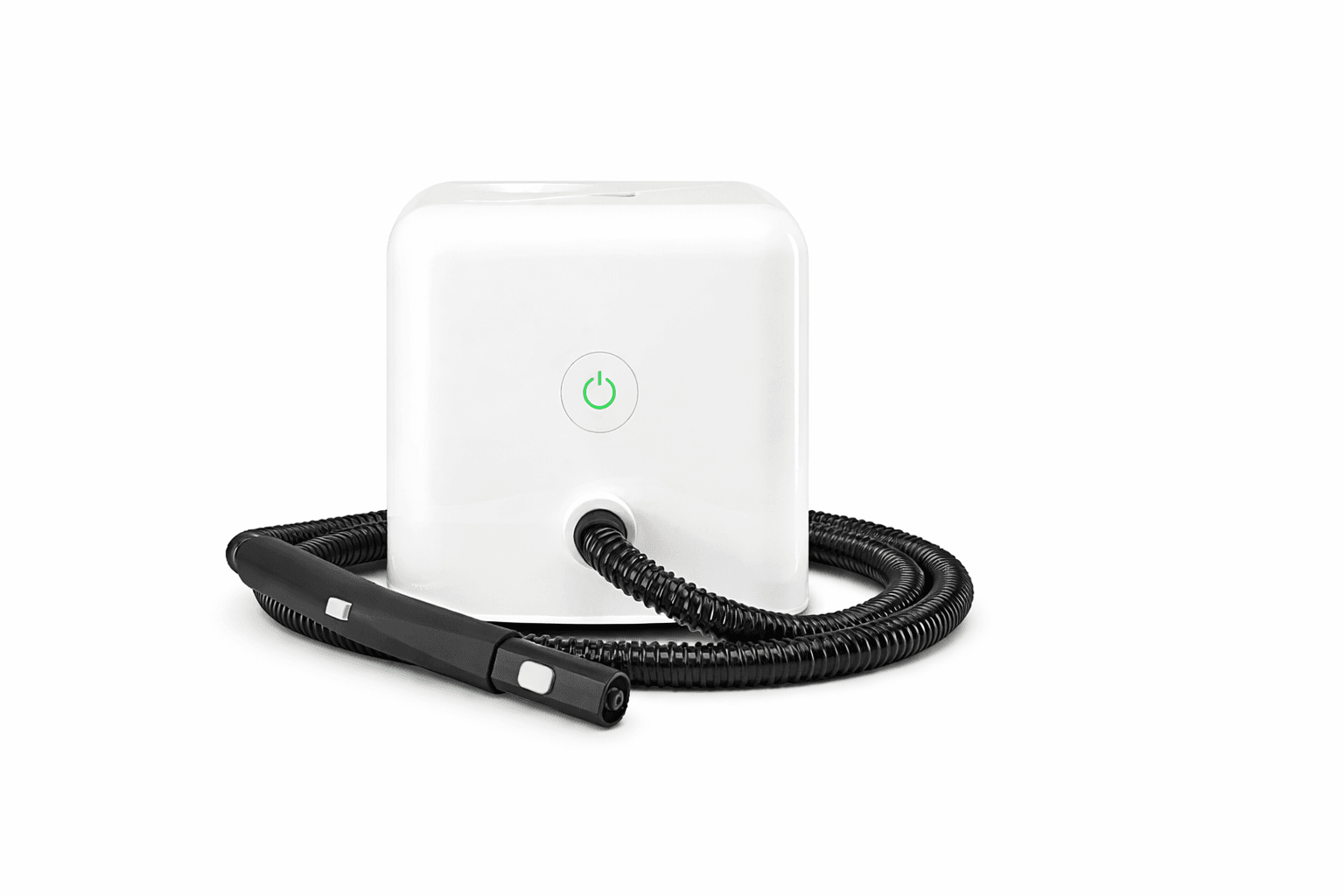 White cleaning device with a black hose and green power button.