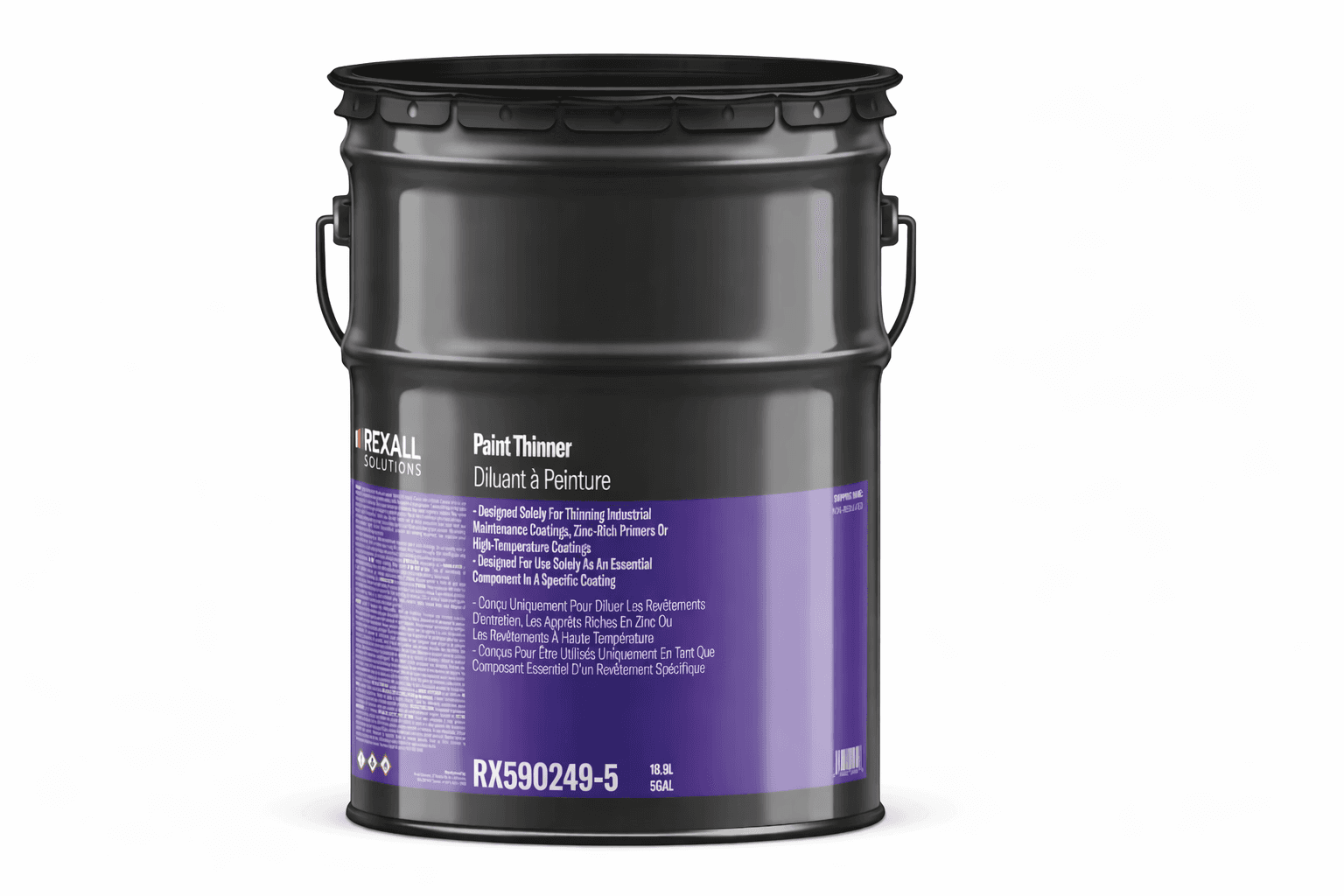 Black industrial paint thinner container with purple label.