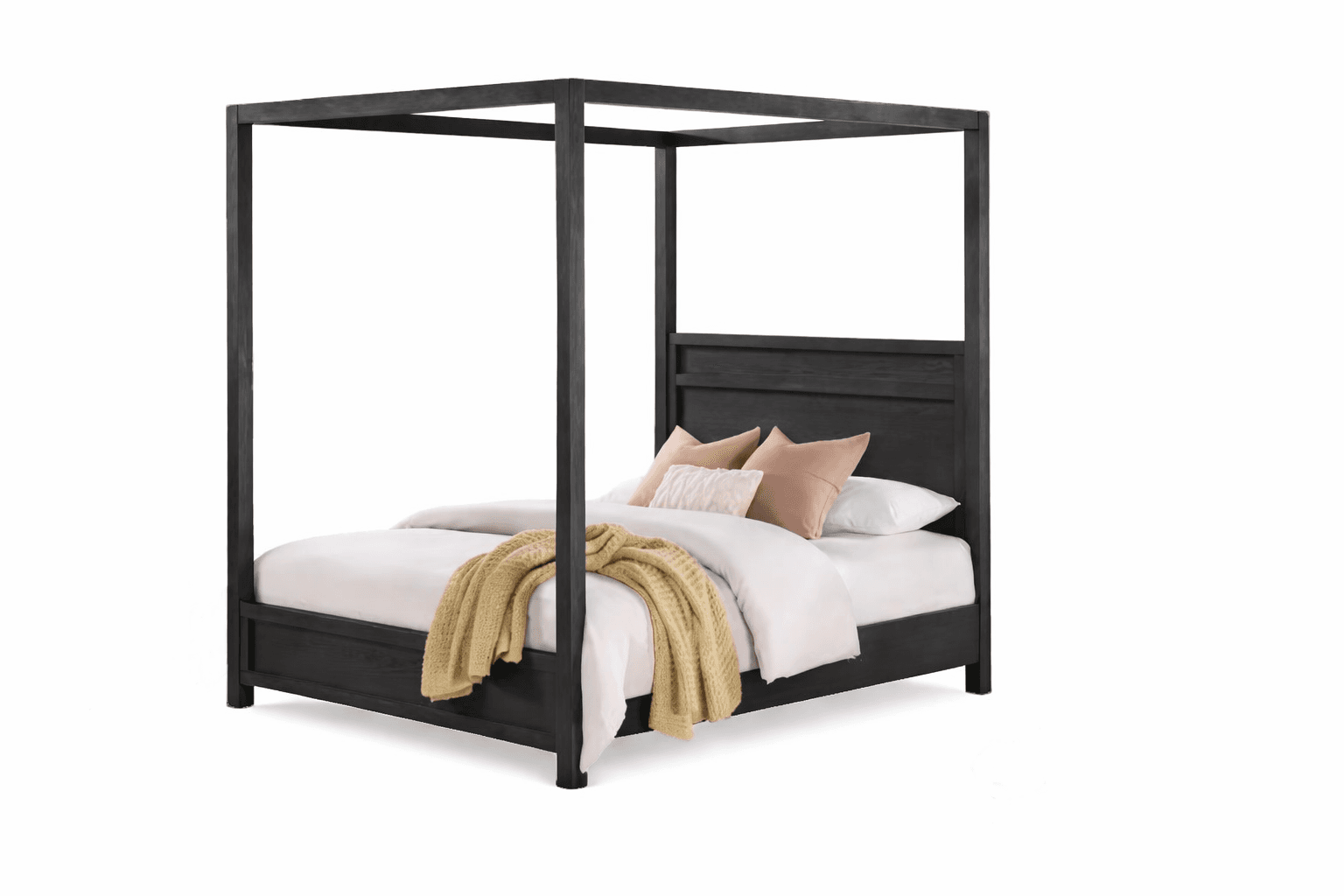 Modern four-poster bed with black frame and neutral bedding.