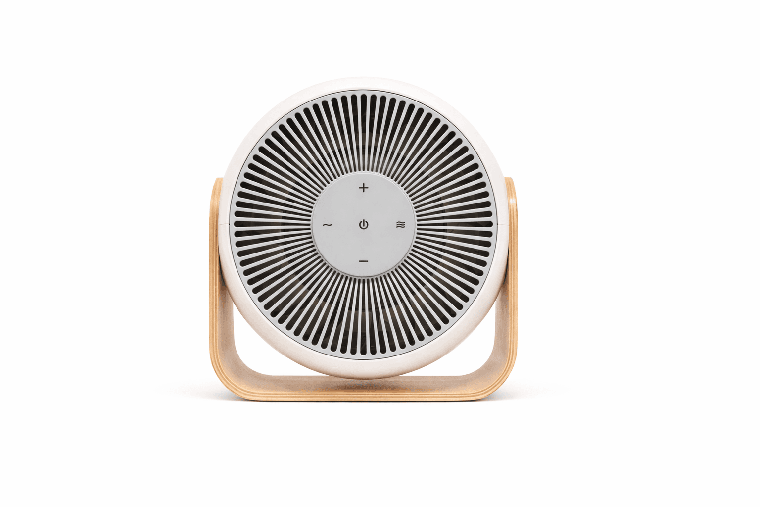 Circular air purifier with wooden stand and radial vent design.