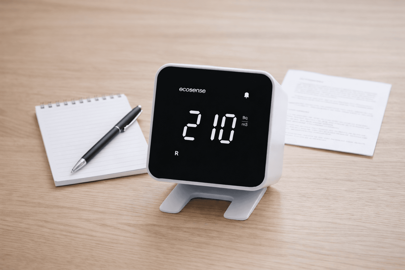 Radon detector with digital display on a wooden desk next to a notepad and document.