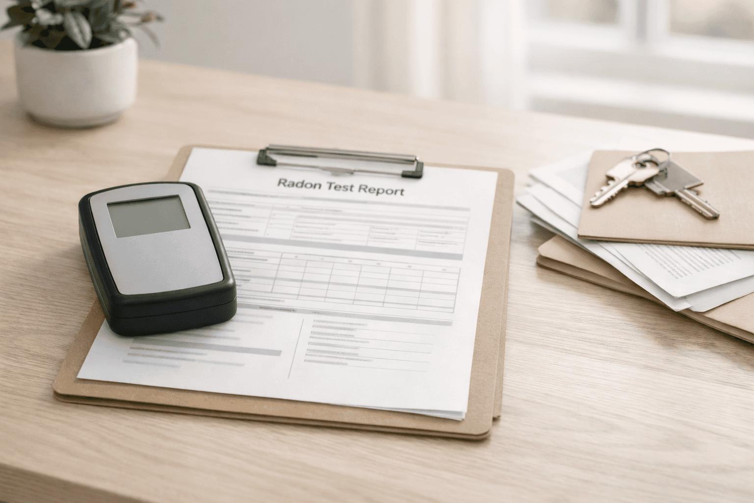 Radon detector on radon test report on a desk.