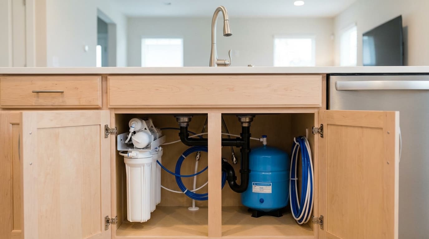 Under-sink reverse osmosis system with open wooden cabinet doors.