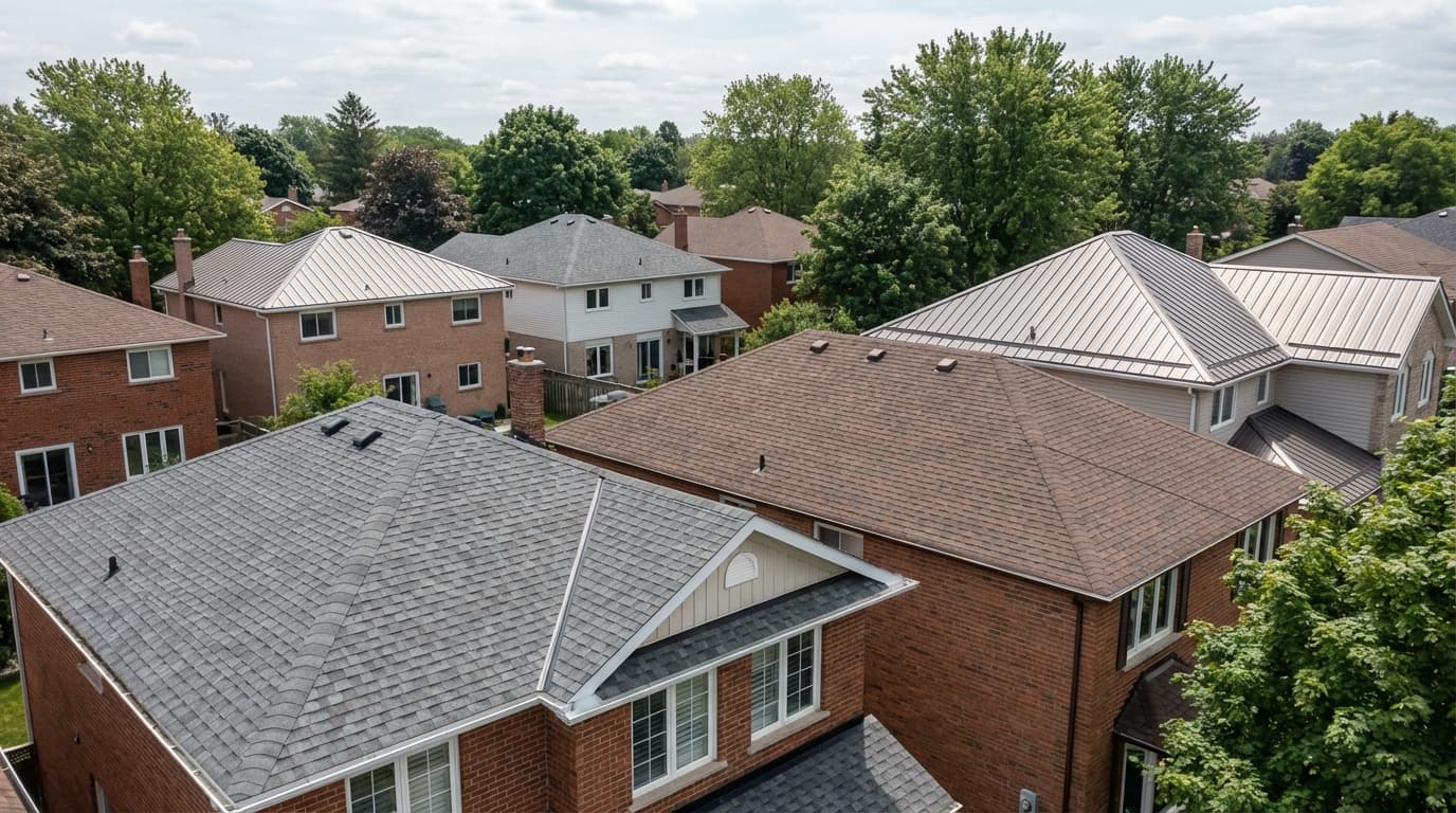 Aerial view of suburban homes with various roofing styles and lush greenery.