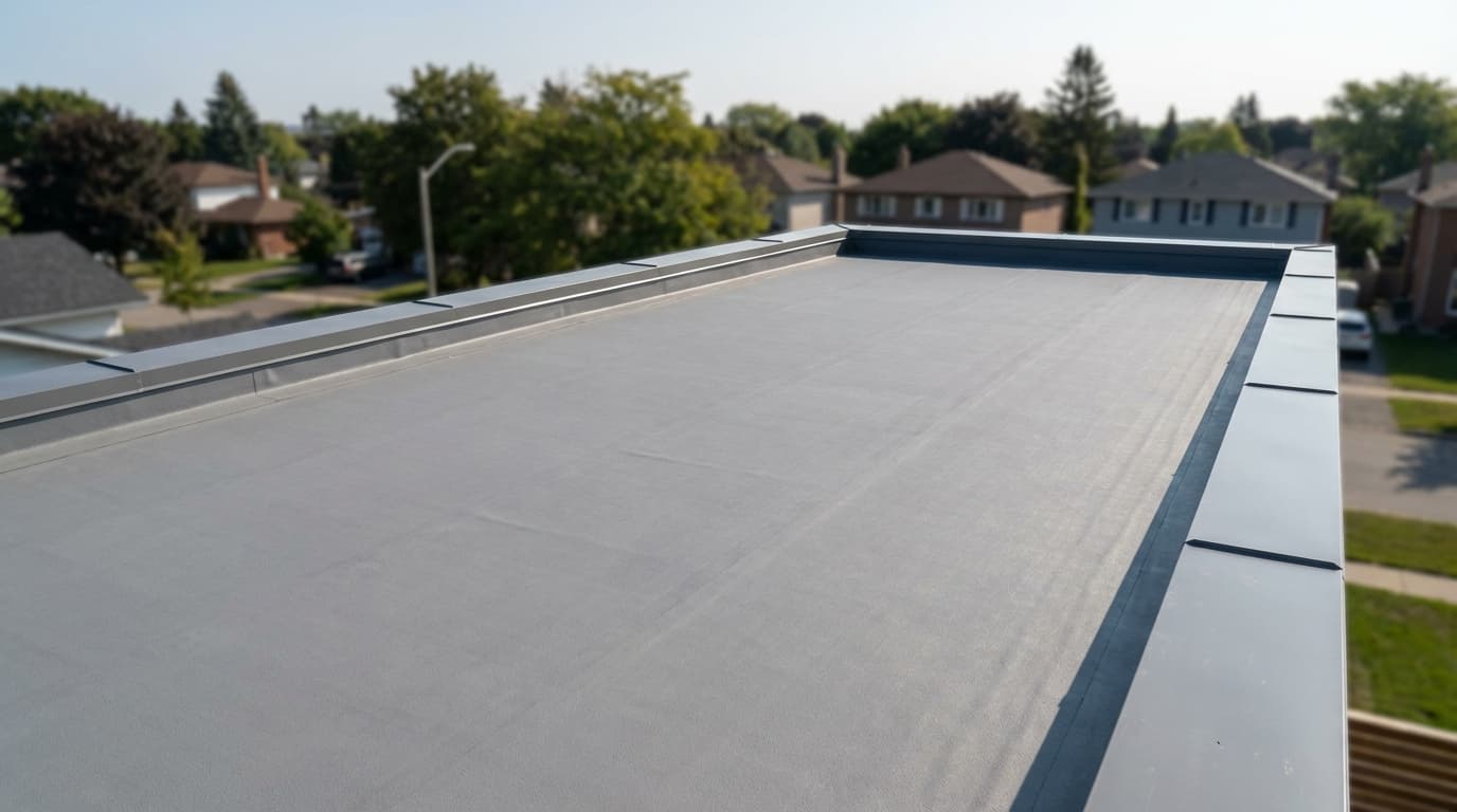 Flat roof with metal edging in a suburban area.