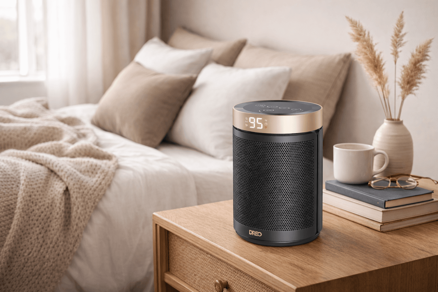 Sleek space heater on a wooden table in a cozy bedroom setting.