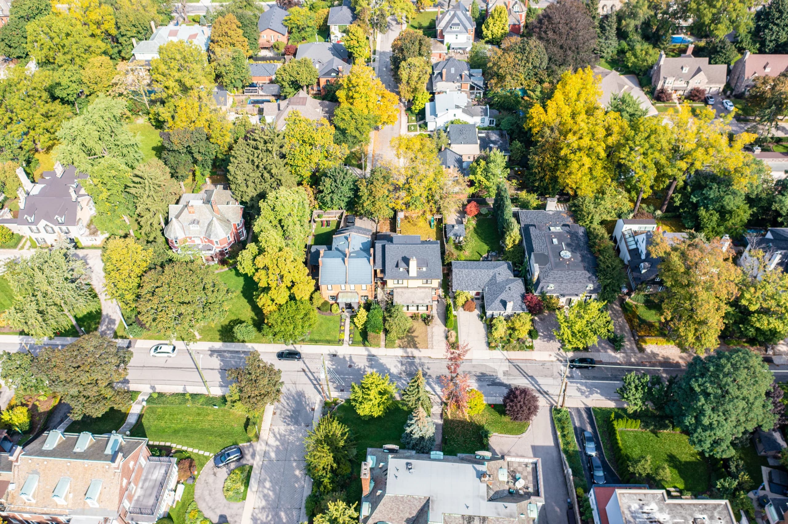 Aerial view of suburban neighborhood with tree-lined streets and varied homes.
